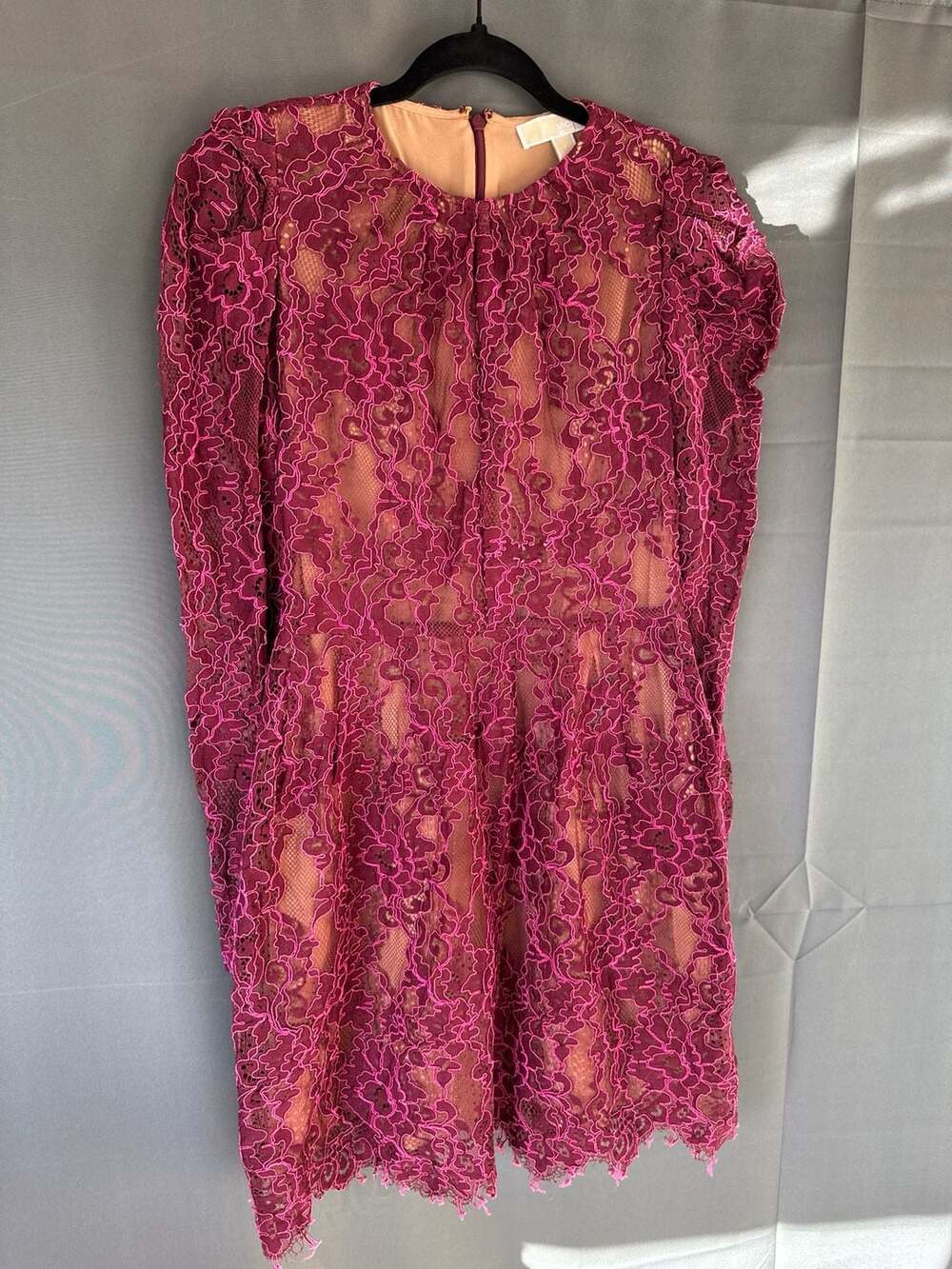 Michael Michael Kors Burgundy Scalloped Floral Lace Puff Sleeve Dress Size 8